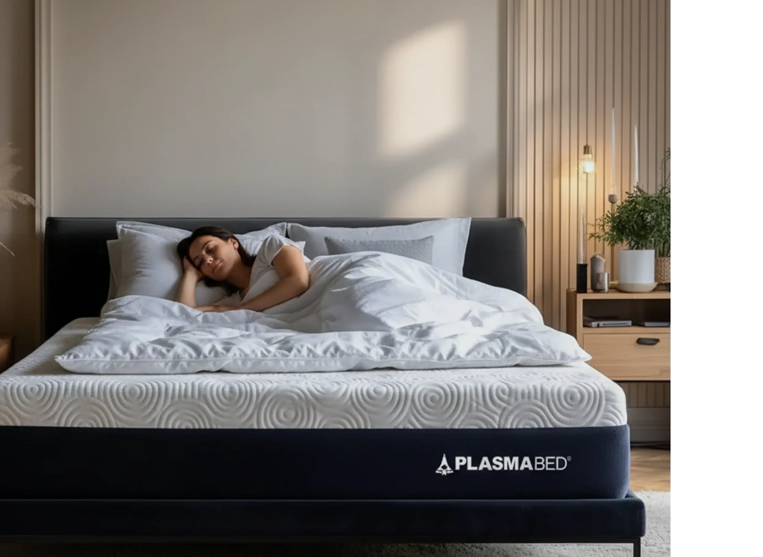 Couple relaxing on a PlasmaBed mattress, showcasing advanced gel pressure-relief and premium comfort
